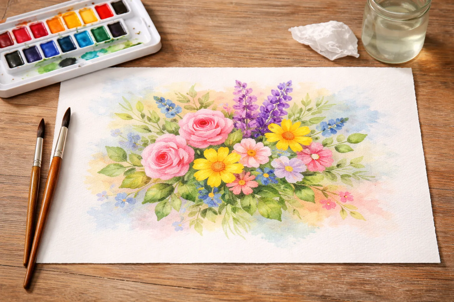 Aquarellmalerei für Anfänger mit Pinsel und Farben in ruhiger Atmosphäre