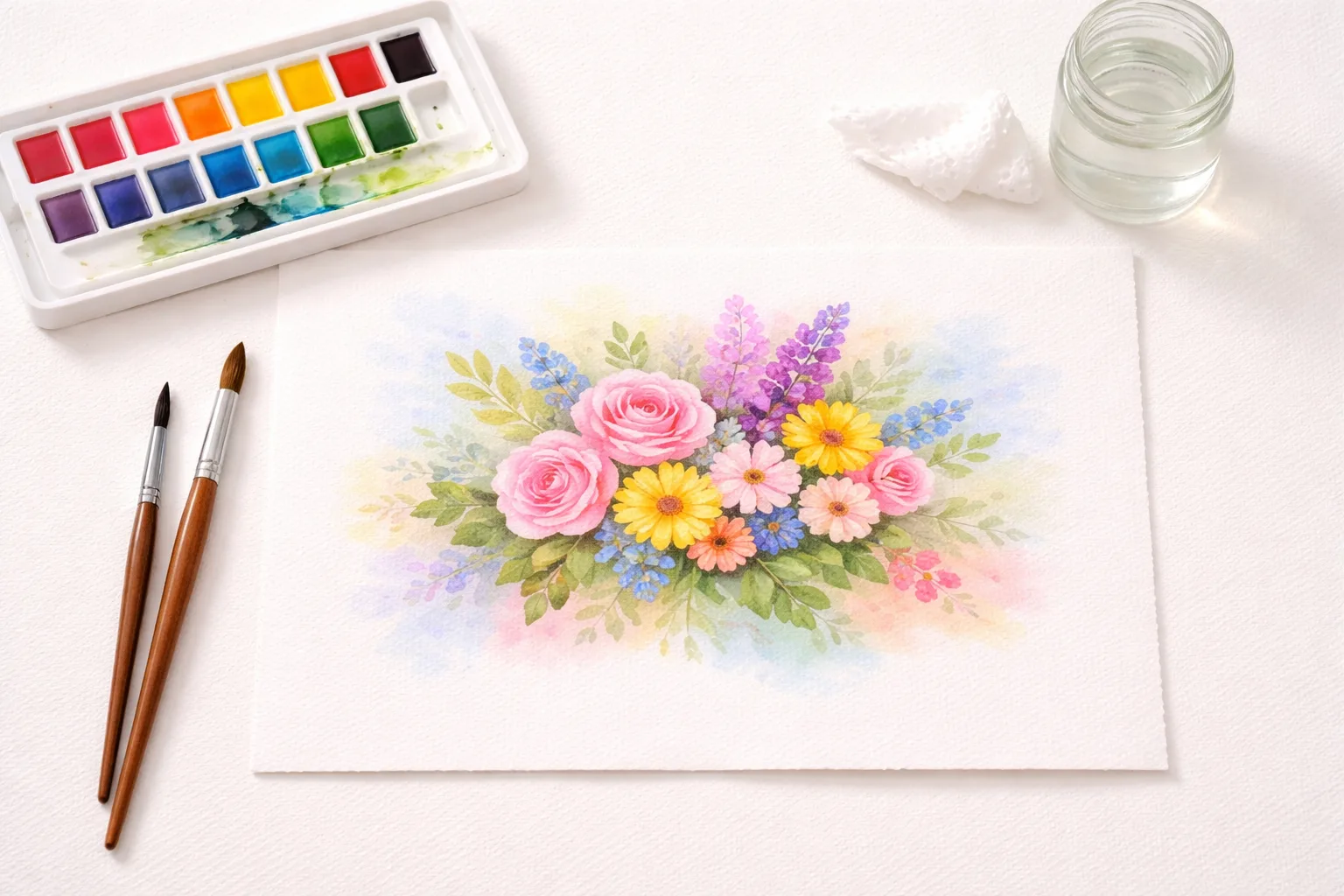 Aquarellmalerei Zubehör mit Pinsel und Farben als Vorschau Bild
