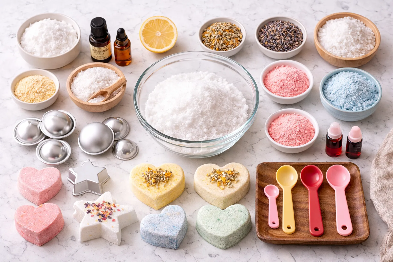Badebomben selber machen Übersicht mit Zutaten und Formen