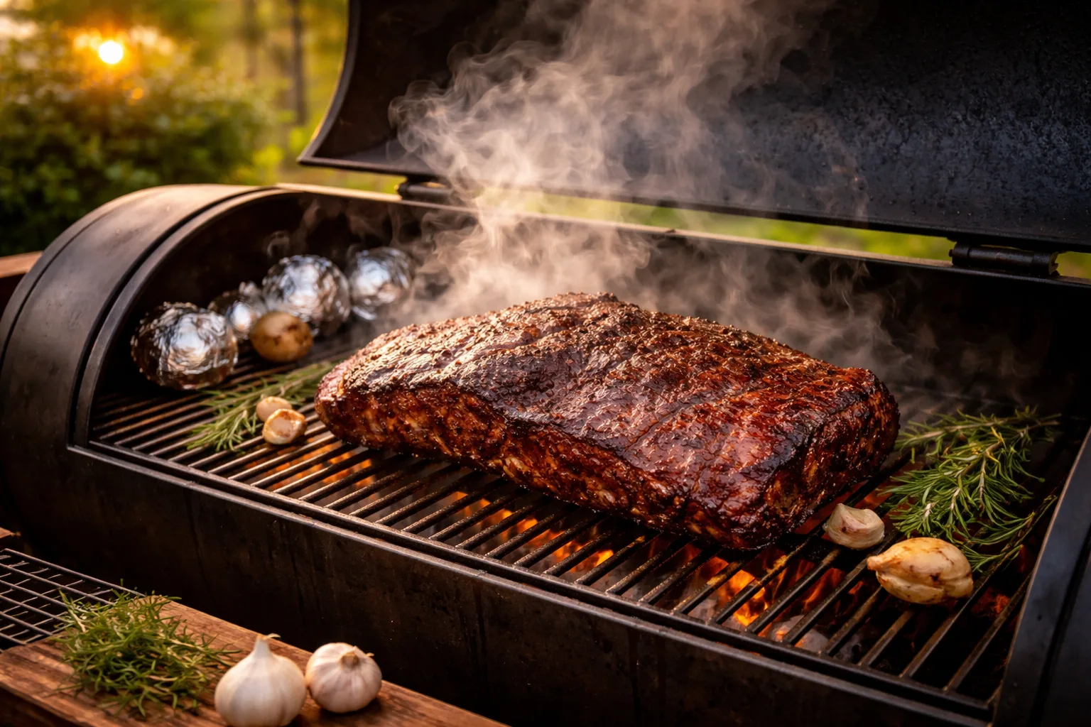 BBQ Smoker mit Fleisch im Garten
