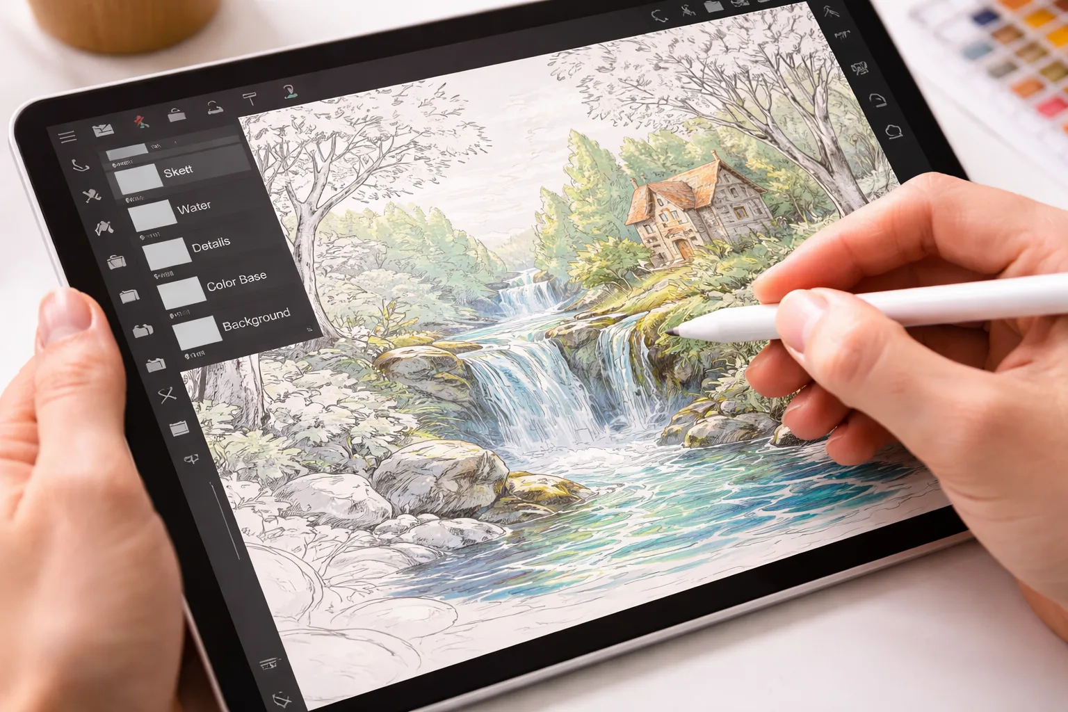 Digitale Illustration Technik mit Tablet und Zeichnung