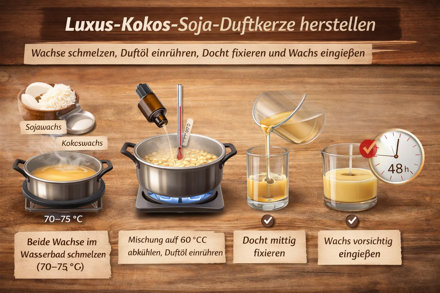 Schritt f&uuml;r Schritt Anleitung Duftkerzen herstellen mit Kokos- und Sojawachs f&uuml;r Anf&auml;nger mit Temperatur und Gie&szlig;prozess