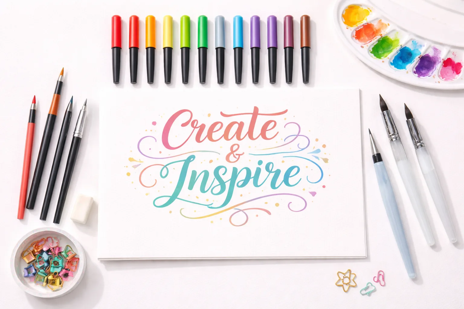 Handlettering Zubehör mit Stiften und Papier