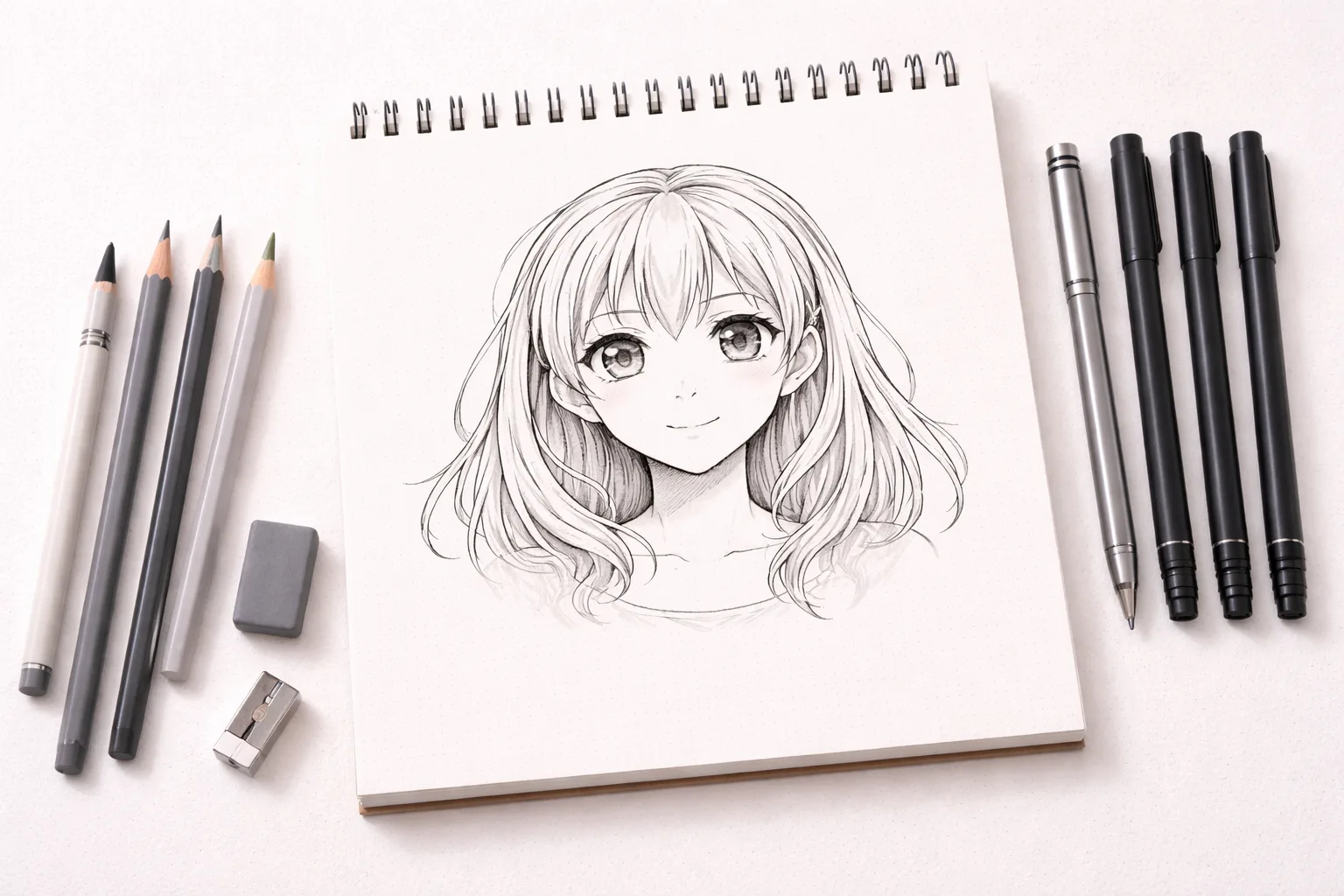 Manga zeichnen Zubehör mit Skizzenbuch und Stiften