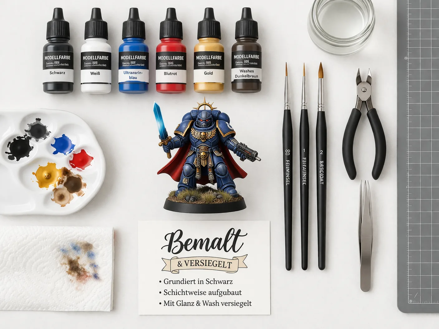 Miniaturen bemalen Zubehör mit Farben und Pinseln