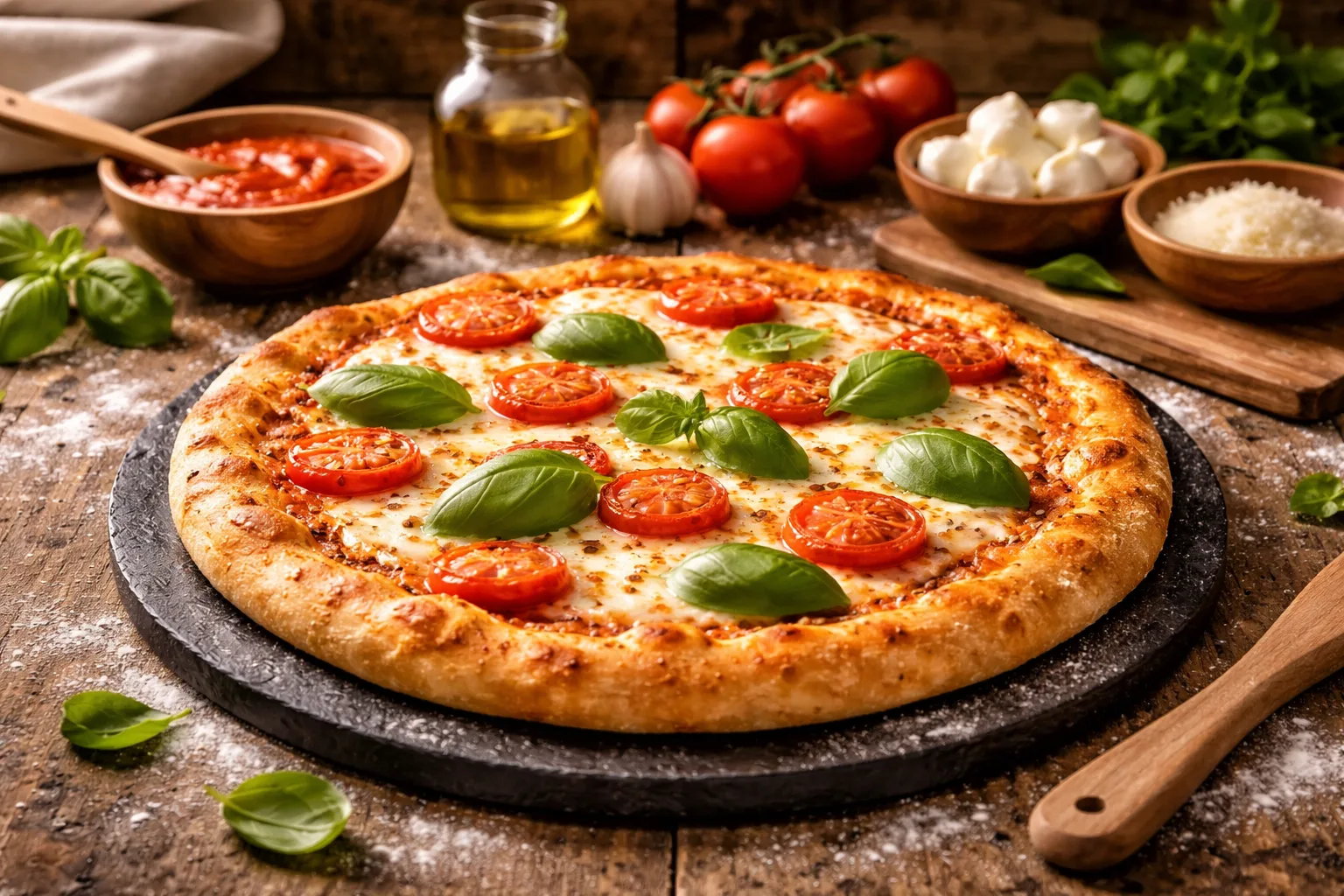 Perfekte selbstgemachte Pizza mit knusprigem Rand