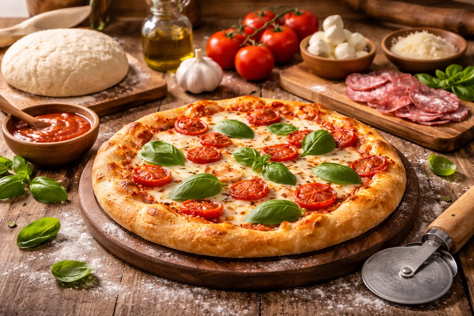Pizza backen zuhause mit frischem Teig und Zutaten