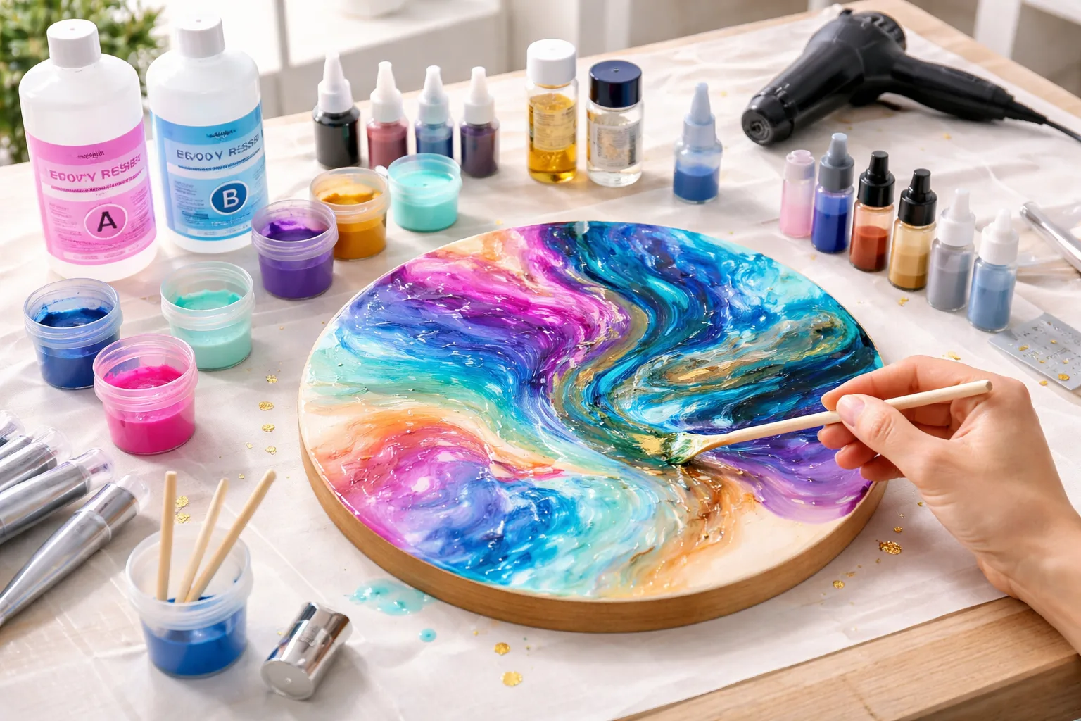 Resin Art für Anfänger mit Epoxidharz und Farben im kreativen Arbeitsplatz
