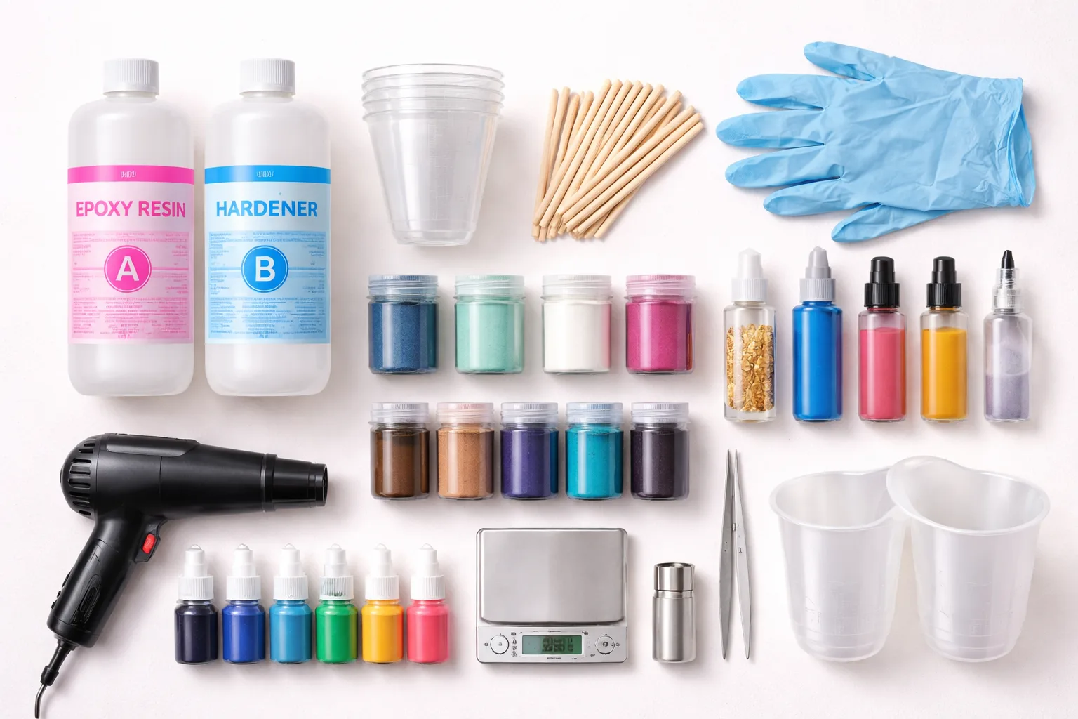 Resin Art Zubehör mit Epoxidharz und Werkzeugen als Vorschau Bild