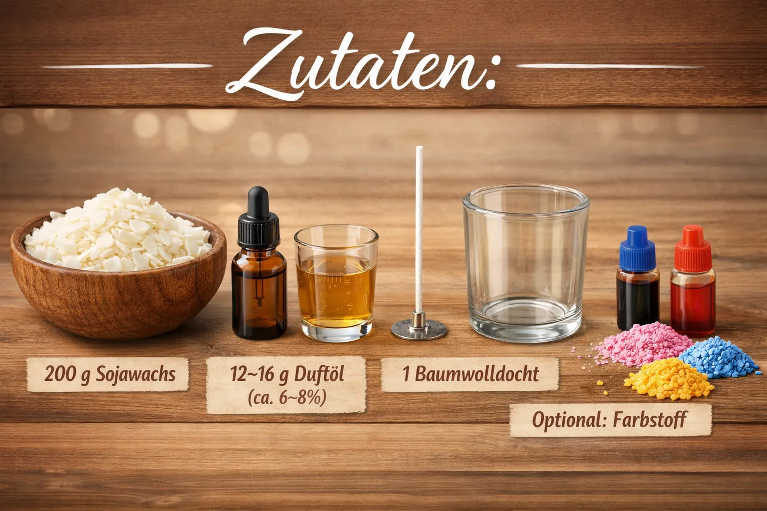 Zutaten f&uuml;r Duftkerzen herstellen mit Sojawachs, Duft&ouml;l, Baumwolldocht, Glas und Farbstoff f&uuml;r Anf&auml;nger